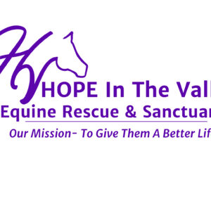 Logo for Hope In The Valley Equine Rescue & Sanctuary, featuring a stylized “HV” with a horse head outline. Below, the text reads: “Our Mission– To Give Them A Better Life.” All text is in purple.