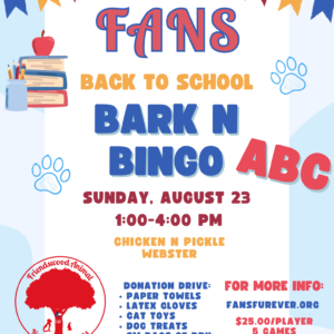 Colorful flyer for Bark N Bingo back-to-school event by Friendswood Animal Needs & Solutions. Includes event details, donation drive info, date/time, and playful decorations with paw prints and school supplies.