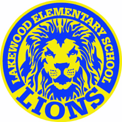 A yellow and blue circular logo featuring a lion’s face in the center with Lakewood Elementary School Lions written around the edge, designed to promote the 10% Giveback Night Benefiting KC Kansas Angels at Chicken N Pickle.