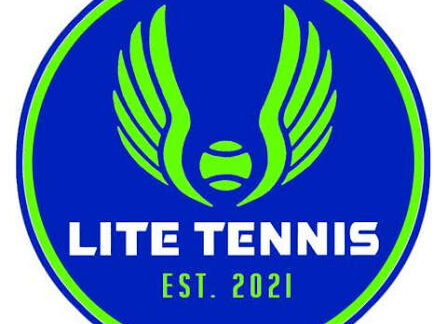 A blue circular logo with green wing shapes around a tennis ball, reading LITE TENNIS and EST. 2021 in white and green text.