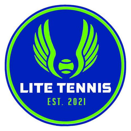 A blue circular logo with green wing shapes around a tennis ball, reading LITE TENNIS and EST. 2021 in white and green text.