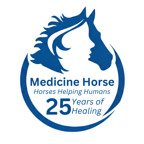 Blue horse head silhouette logo with text: Medicine Horse—Horses Helping Humans—25 Years of Healing in blue, celebrating the organization's 25th anniversary, and supporting a 10% Giveback to Bodhi Battalion Giveback Event at Chicken N Pickle.
