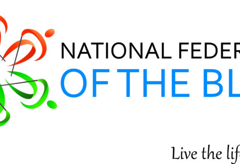 Logo of the National Federation of the Blind of Kansas with a colorful abstract design on the left, and the text Live the life you want. written in italics at the bottom right.