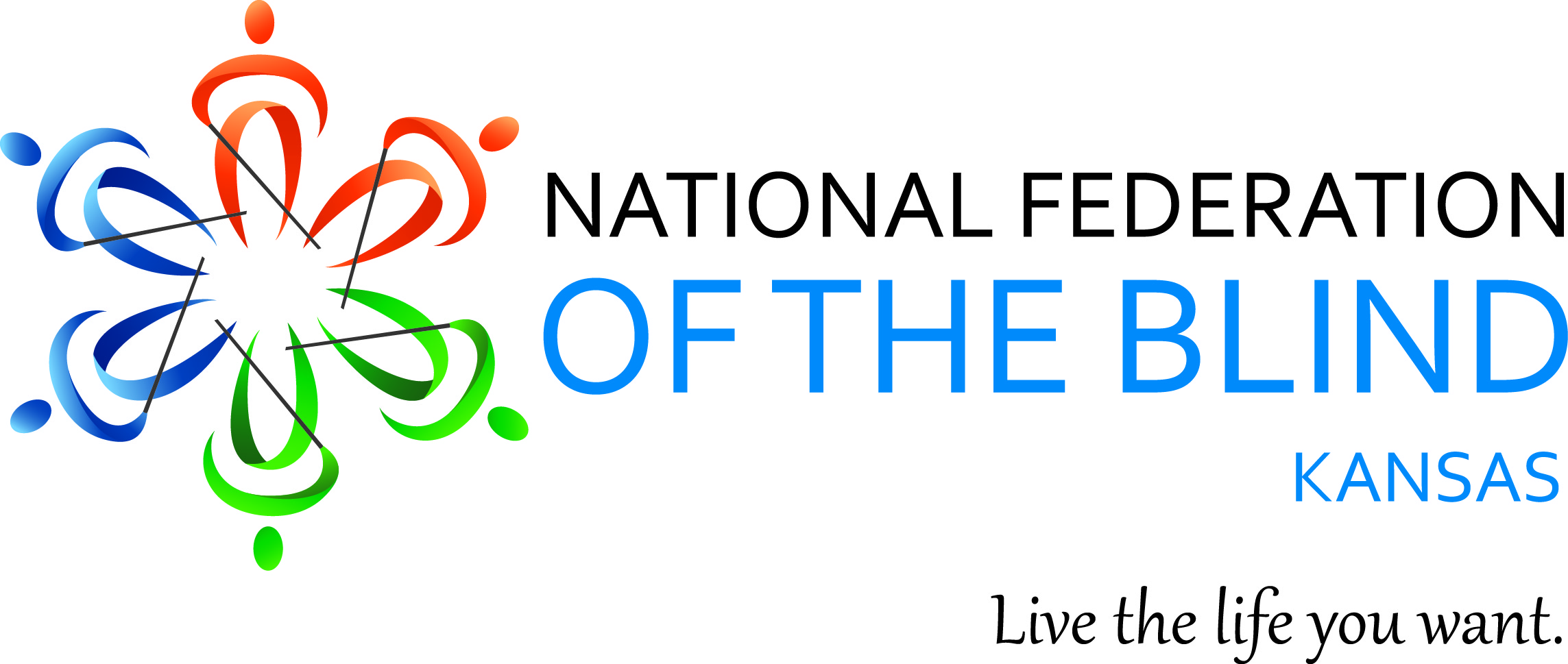 Logo of the National Federation of the Blind of Kansas with a colorful abstract design on the left, and the text Live the life you want. written in italics at the bottom right.