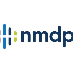 The NMDP logo features lowercase “nmdp” in navy blue, beside vertical bars in blue, pink, and green, arranged to form a stylized abstract design.