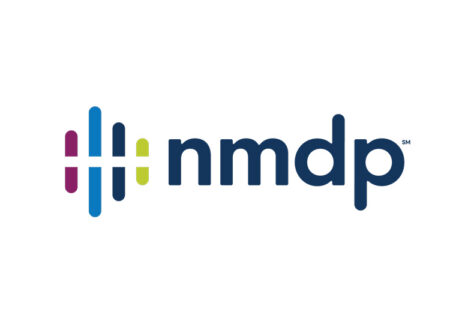 The NMDP logo features lowercase “nmdp” in navy blue, beside vertical bars in blue, pink, and green, arranged to form a stylized abstract design.