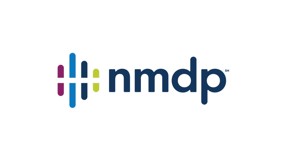 The NMDP logo features lowercase “nmdp” in navy blue, beside vertical bars in blue, pink, and green, arranged to form a stylized abstract design.