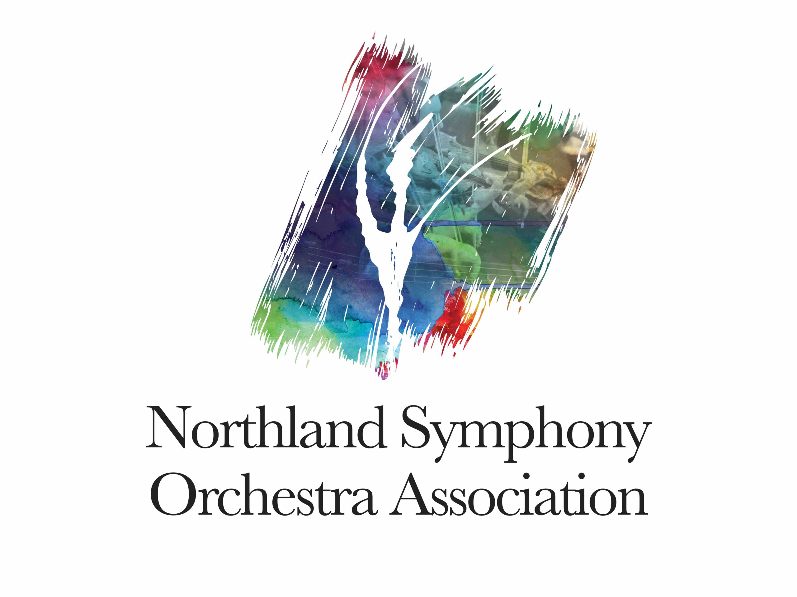 Abstract, colorful paint strokes form a stylized N above the words Northland Symphony Orchestra Association in elegant black font on a white background, promoting the upcoming 10% Giveback Night at Chicken N Pickle NKC.