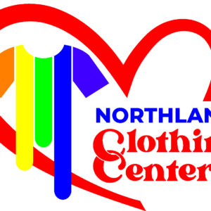 A heart outline with a rainbow-colored shirt inside. Text reads NORTHLAND Clothing Center, with Clothing Center in bold red cursive font. Celebrate pride and community at our 10% Giveback Night at Chicken N Pickle NKC!.