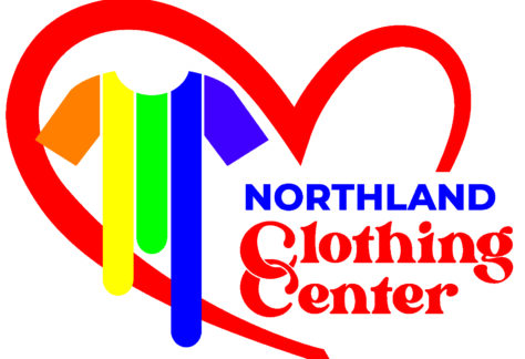 A heart outline with a rainbow-colored shirt inside. Text reads NORTHLAND Clothing Center, with Clothing Center in bold red cursive font. Celebrate pride and community at our 10% Giveback Night at Chicken N Pickle NKC!.