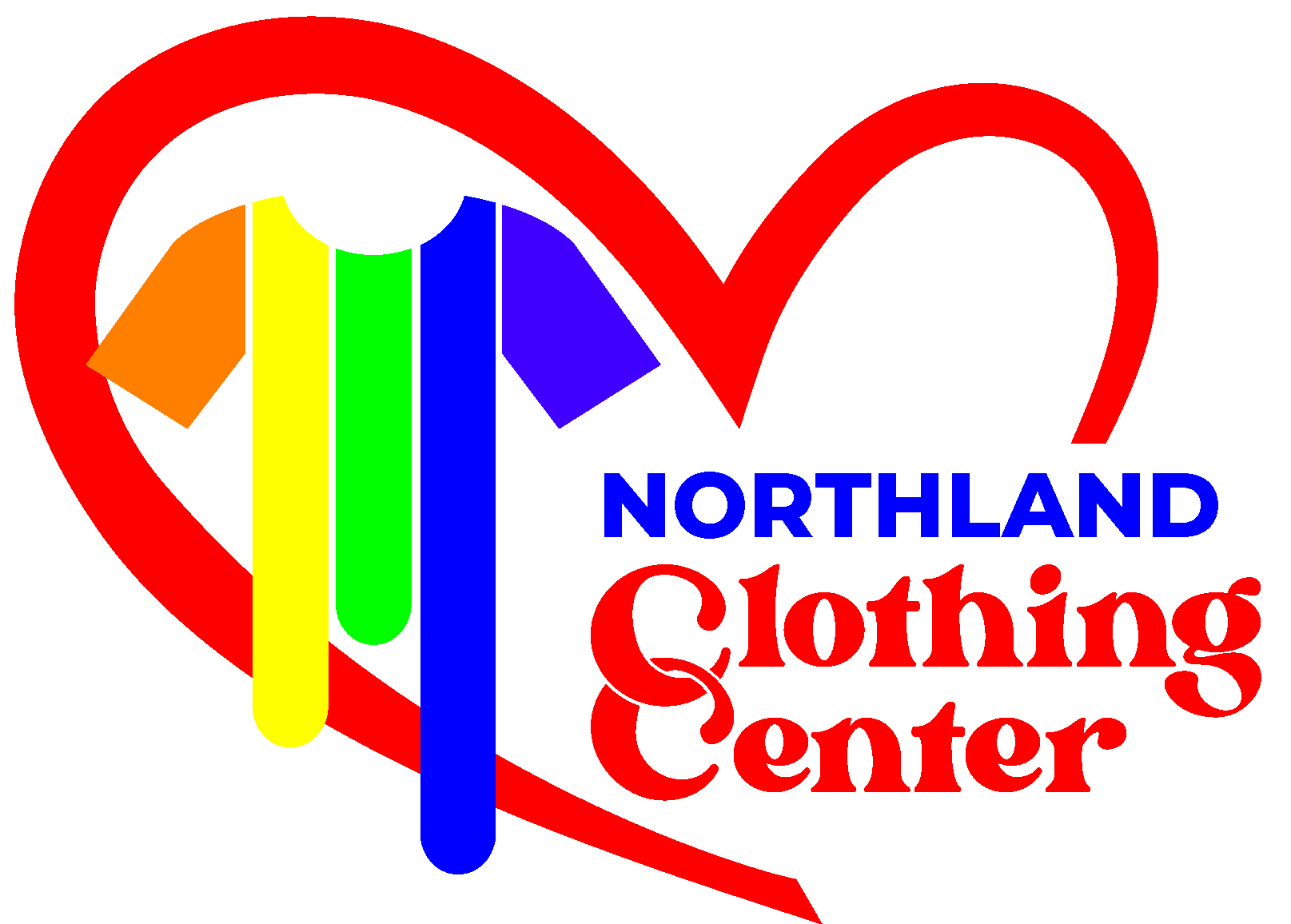 A heart outline with a rainbow-colored shirt inside. Text reads NORTHLAND Clothing Center, with Clothing Center in bold red cursive font. Celebrate pride and community at our 10% Giveback Night at Chicken N Pickle NKC!.