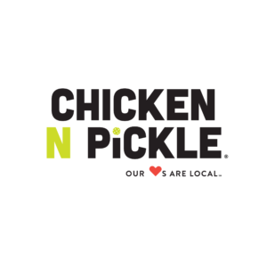 Chicken N Pickle logo with the words CHICKEN N PICKLE. The N and dot over the I are green, with the dot as a pickleball. Below, it says, OUR ♥S ARE LOCAL.