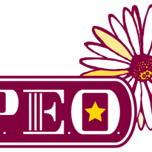 Maroon and yellow logo with P.E.O. EST 1869 and a yellow star, next to a white and yellow daisy flower outlined in maroon, promoting the upcoming 10% Giveback Night at Chicken N Pickle NKC.
