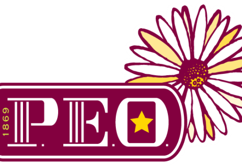 Maroon and yellow logo with P.E.O. EST 1869 and a yellow star, next to a white and yellow daisy flower outlined in maroon, promoting the upcoming 10% Giveback Night at Chicken N Pickle NKC.