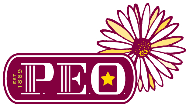 Maroon and yellow logo with P.E.O. EST 1869 and a yellow star, next to a white and yellow daisy flower outlined in maroon, promoting the upcoming 10% Giveback Night at Chicken N Pickle NKC.