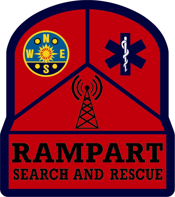 A red badge with Rampart Search and Rescue text, featuring a compass, a medical symbol, and a radio tower symbol above the text. Includes a 10% Giveback to Bodhi Battalion Giveback Event at Chicken N Pickle.
