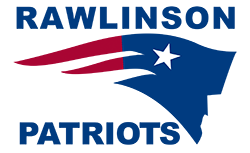Blue text reads Rawlinson Patriots above and below a stylized blue, red, and white patriot head logo with a star. The design resembles the NFL New England Patriots logo.
