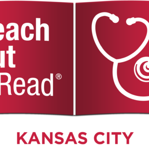 Open red book graphic with Reach Out & Read text on left and a white stethoscope illustration on right; KANSAS CITY in bold red letters below—perfect for promoting the 10% Giveback Night Benefiting KC Kansas Angels at Chicken N Pickle.