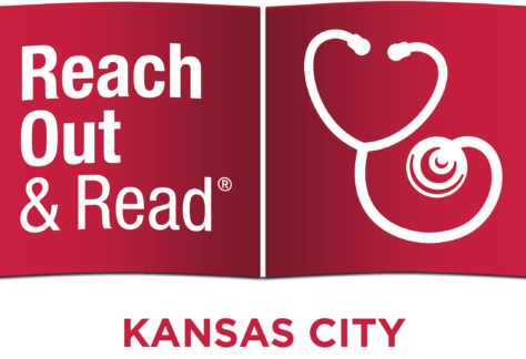 Open red book graphic with Reach Out & Read text on left and a white stethoscope illustration on right; KANSAS CITY in bold red letters below—perfect for promoting the 10% Giveback Night Benefiting KC Kansas Angels at Chicken N Pickle.