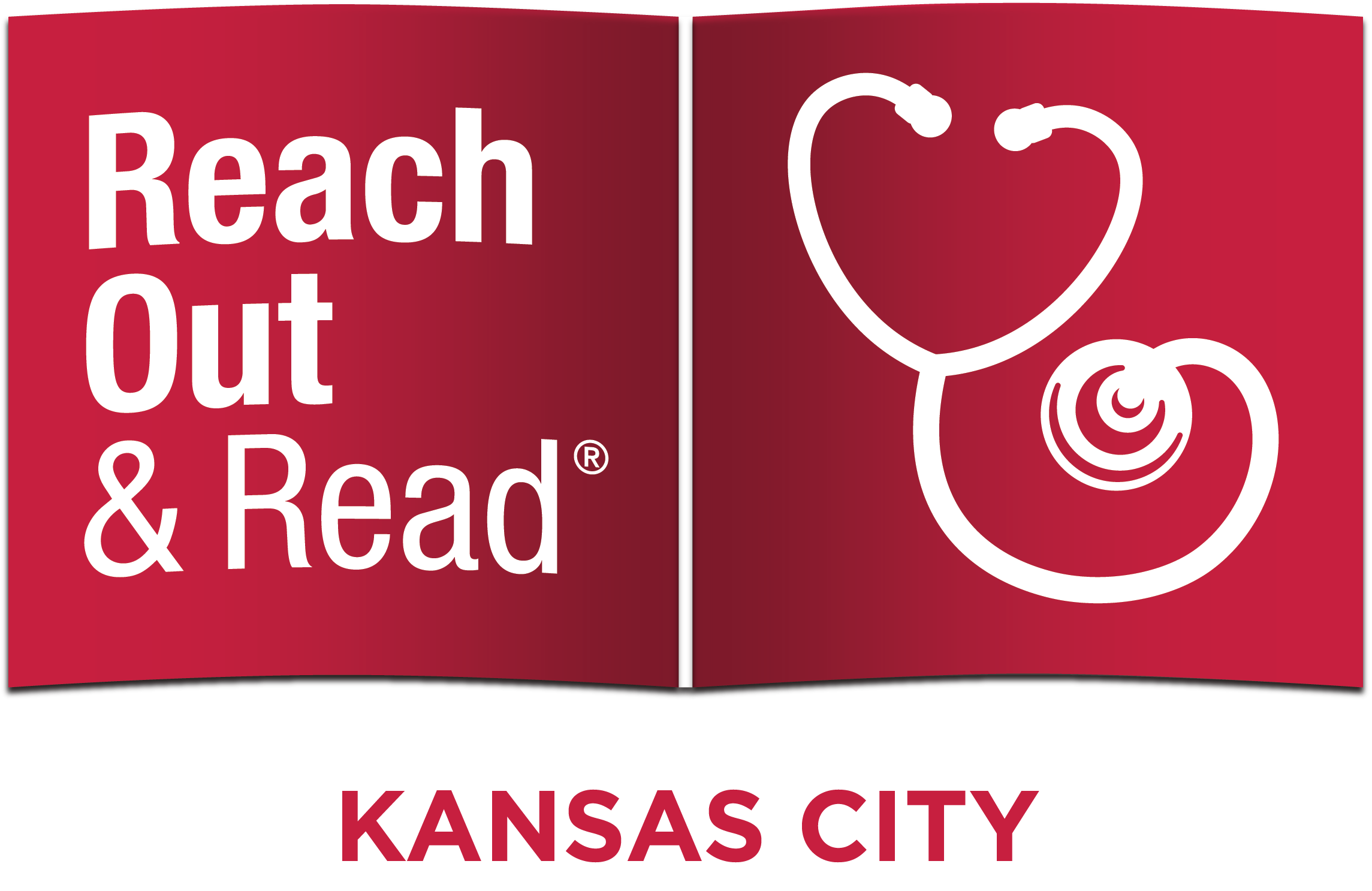 Open red book graphic with Reach Out & Read text on left and a white stethoscope illustration on right; KANSAS CITY in bold red letters below—perfect for promoting the 10% Giveback Night Benefiting KC Kansas Angels at Chicken N Pickle.
