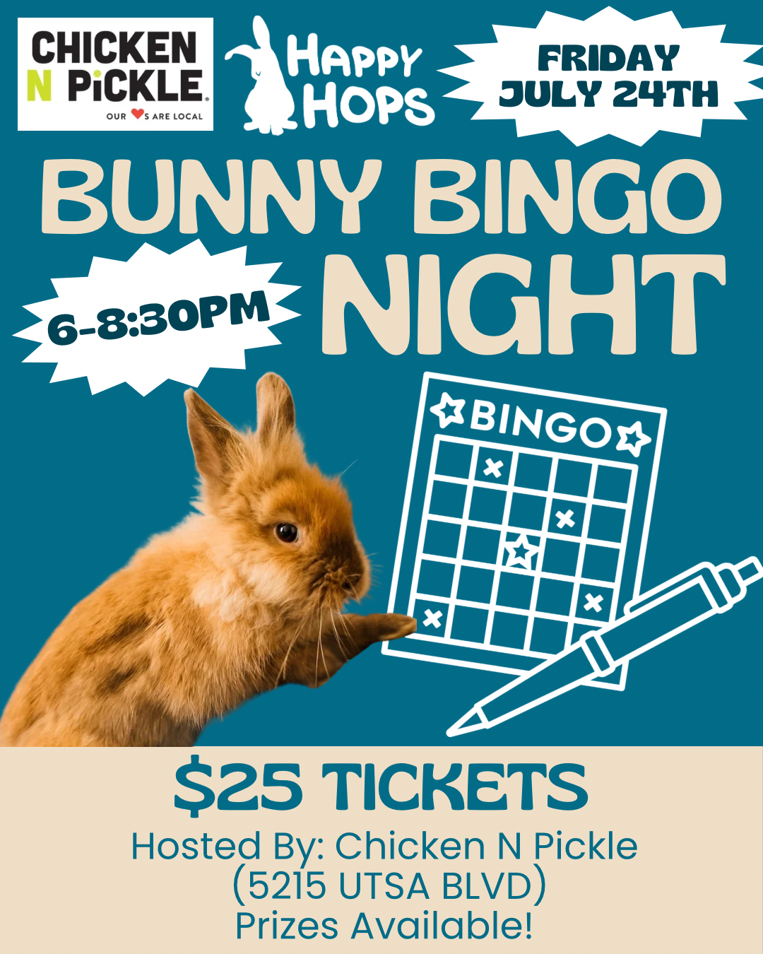 Event flyer for Bunny Bingo Night features a brown bunny, a bingo card, and text with event details. $25 tickets, hosted at Chicken N Pickle, July 24th, 6–8:30 PM, 5215 UTSA Blvd. Prizes available.