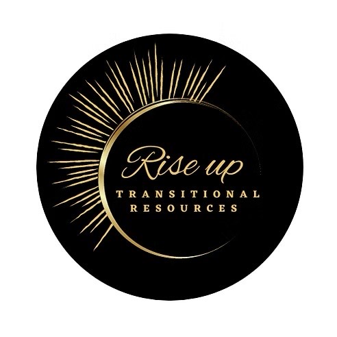 A black circle logo with gold sun rays and the text Rise Up Transitional Resources in elegant fonts—perfect for promoting events like 10% Giveback Night Benefiting The Arya Foundation at Chicken N Pickle.