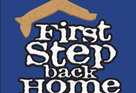 Logo with a tan roof and cross above the words First Step Back Home inc. on a blue background, highlighting their commitment to community support—such as participating in events like the 10% Giveback Night Benefiting The Arya Foundation at Chicken N Pickle. The website firststepbackhome.net appears at the bottom.