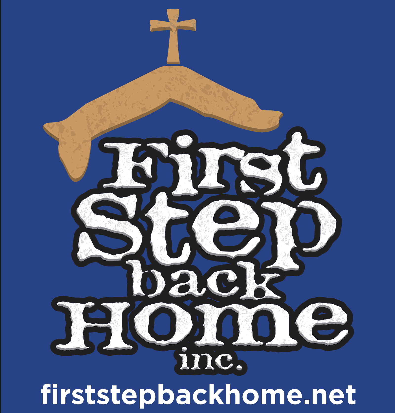 Logo with a tan roof and cross above the words First Step Back Home inc. on a blue background, highlighting their commitment to community support—such as participating in events like the 10% Giveback Night Benefiting The Arya Foundation at Chicken N Pickle. The website firststepbackhome.net appears at the bottom.