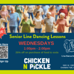 A group of seniors line dance joyfully. Text advertises free Senior Line Dancing at Chicken N Pickle Overland Park, with lessons Wednesdays, 1–2pm. QR code for sign-up and 25% food and soda discount included.