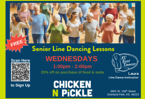 A group of seniors line dance joyfully. Text advertises free Senior Line Dancing at Chicken N Pickle Overland Park, with lessons Wednesdays, 1–2pm. QR code for sign-up and 25% food and soda discount included.
