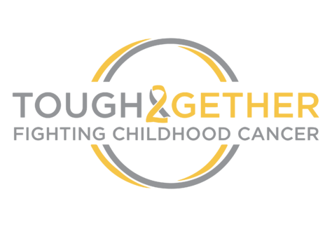 Logo with the words TOUGH 2GETHER FIGHTING CHILDHOOD CANCER in gray and yellow, surrounded by partial circular lines in matching colors—perfect for promoting your 10% Giveback Night Benefiting KC Kansas Angels at Chicken N Pickle.