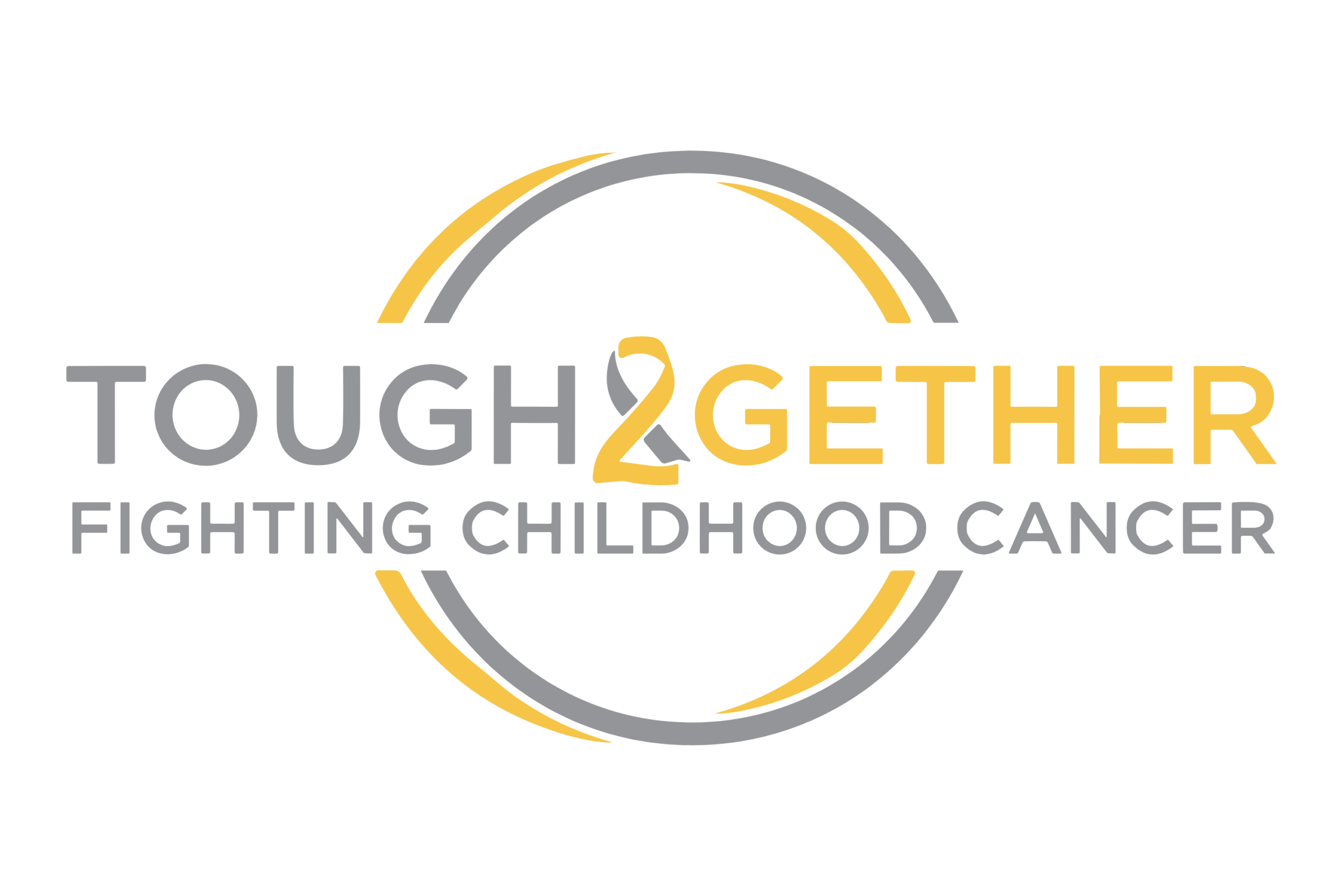 Logo with the words TOUGH 2GETHER FIGHTING CHILDHOOD CANCER in gray and yellow, surrounded by partial circular lines in matching colors—perfect for promoting your 10% Giveback Night Benefiting KC Kansas Angels at Chicken N Pickle.