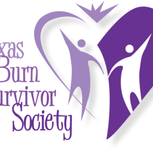 Texas Burn Survivor Society logo with purple heart, two stylized figures, and text: Texas Burn Survivor Society in purple font.