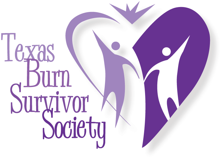 Texas Burn Survivor Society logo with purple heart, two stylized figures, and text: Texas Burn Survivor Society in purple font.
