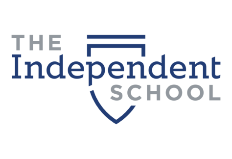 Logo for The Independent School, featuring THE Independent SCHOOL—Independent in large blue letters, THE and SCHOOL in smaller gray—and a partial blue shield outline. Includes mention of a 10% Giveback to Stinson Neurology Foundation at Chicken N Pickle.