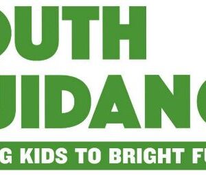 Green text reads YOUTH GUIDANCE. Below, a green banner says GUIDING KIDS TO BRIGHT FUTURES in white letters, helping promote events like the 10% Giveback Night Benefiting KC Kansas Angels at Chicken N Pickle.