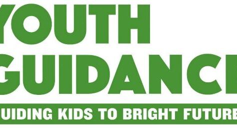 Green text reads YOUTH GUIDANCE. Below, a green banner says GUIDING KIDS TO BRIGHT FUTURES in white letters, helping promote events like the 10% Giveback Night Benefiting KC Kansas Angels at Chicken N Pickle.