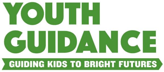 Green text reads YOUTH GUIDANCE. Below, a green banner says GUIDING KIDS TO BRIGHT FUTURES in white letters, helping promote events like the 10% Giveback Night Benefiting KC Kansas Angels at Chicken N Pickle.