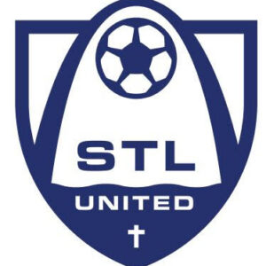 A blue and white shield-shaped logo with a soccer ball, the letters STL below it, UNITED at the bottom, and a small cross underneath—perfect for promoting the 10% Giveback Night Benefiting The Arya Foundation at Chicken N Pickle.