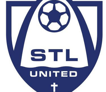 A blue and white shield-shaped logo with a soccer ball, the letters STL below it, UNITED at the bottom, and a small cross underneath—perfect for promoting the 10% Giveback Night Benefiting The Arya Foundation at Chicken N Pickle.