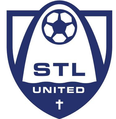 A blue and white shield-shaped logo with a soccer ball, the letters STL below it, UNITED at the bottom, and a small cross underneath—perfect for promoting the 10% Giveback Night Benefiting The Arya Foundation at Chicken N Pickle.