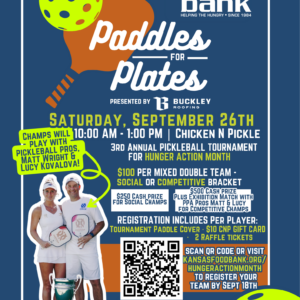 Colorful pickleball tournament flyer with bright graphics, event details, and images of two players holding paddles, promoting a fundraising event for the Kansas Food Bank at Chicken N Pickle on September 26th.