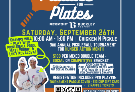 Colorful pickleball tournament flyer with bright graphics, event details, and images of two players holding paddles, promoting a fundraising event for the Kansas Food Bank at Chicken N Pickle on September 26th.