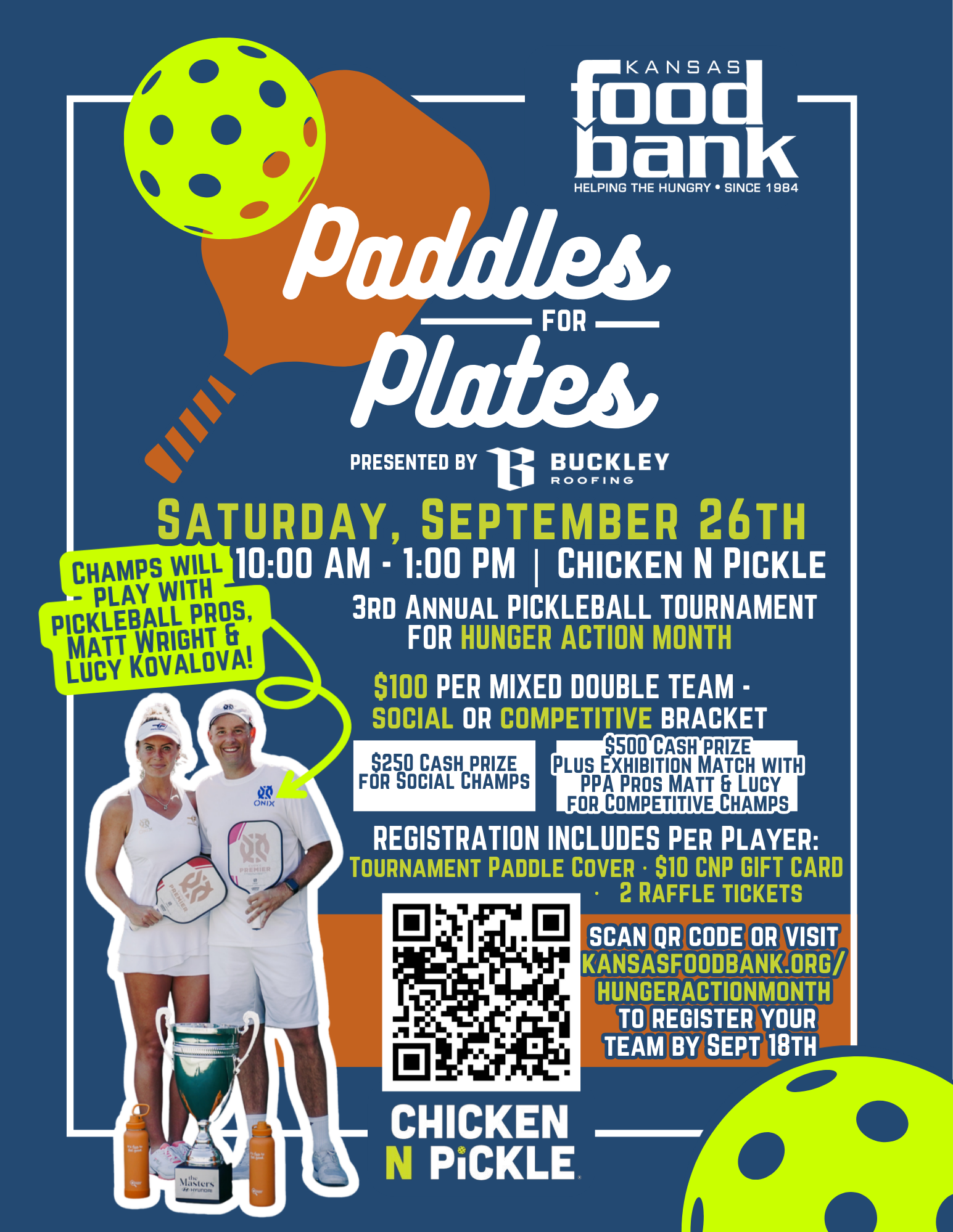 Colorful pickleball tournament flyer with bright graphics, event details, and images of two players holding paddles, promoting a fundraising event for the Kansas Food Bank at Chicken N Pickle on September 26th.