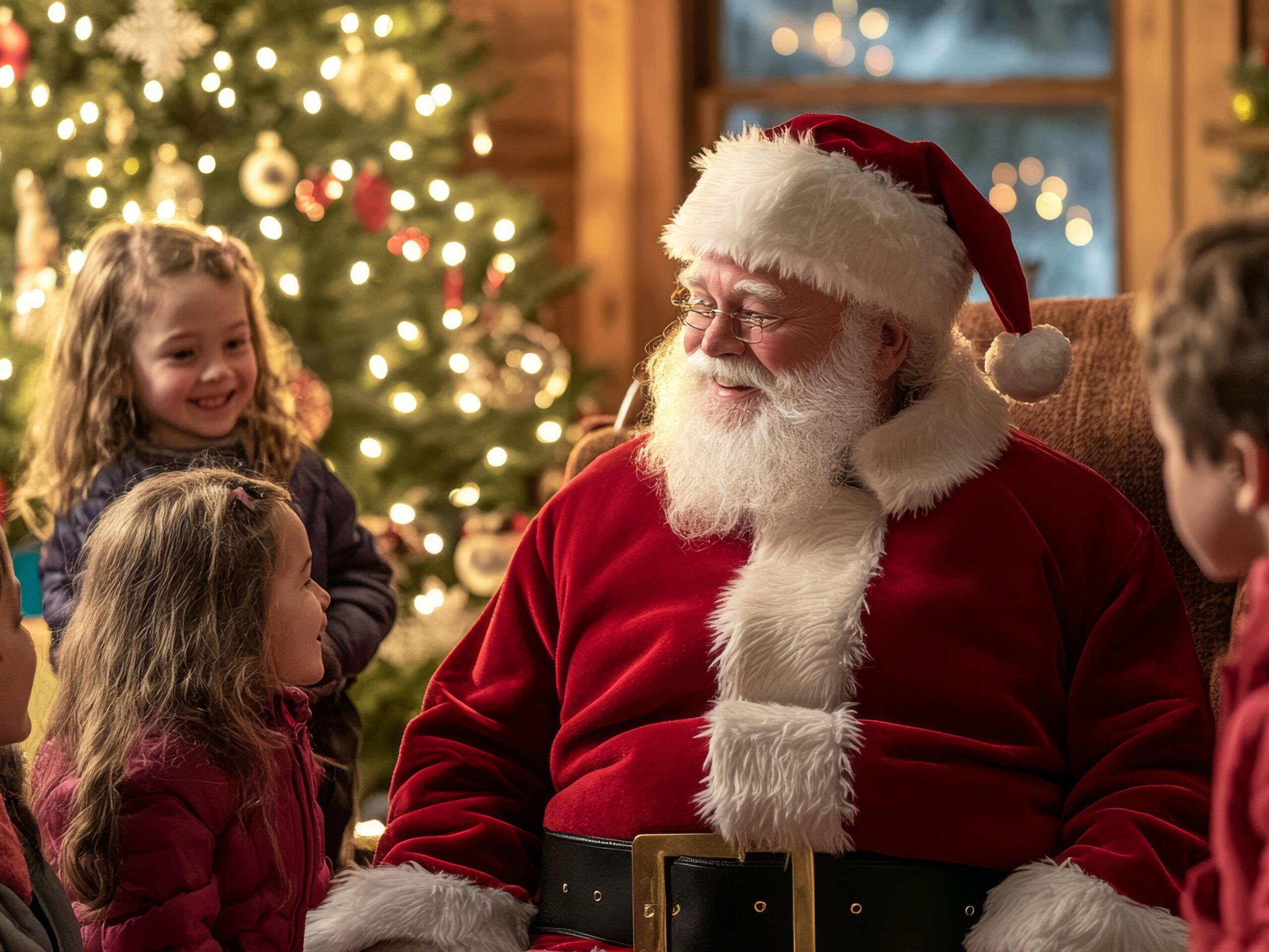 Santa Claus sits in a cozy room by a decorated Christmas tree, surrounded by smiling children in winter clothes, as warm lights twinkle in the background.