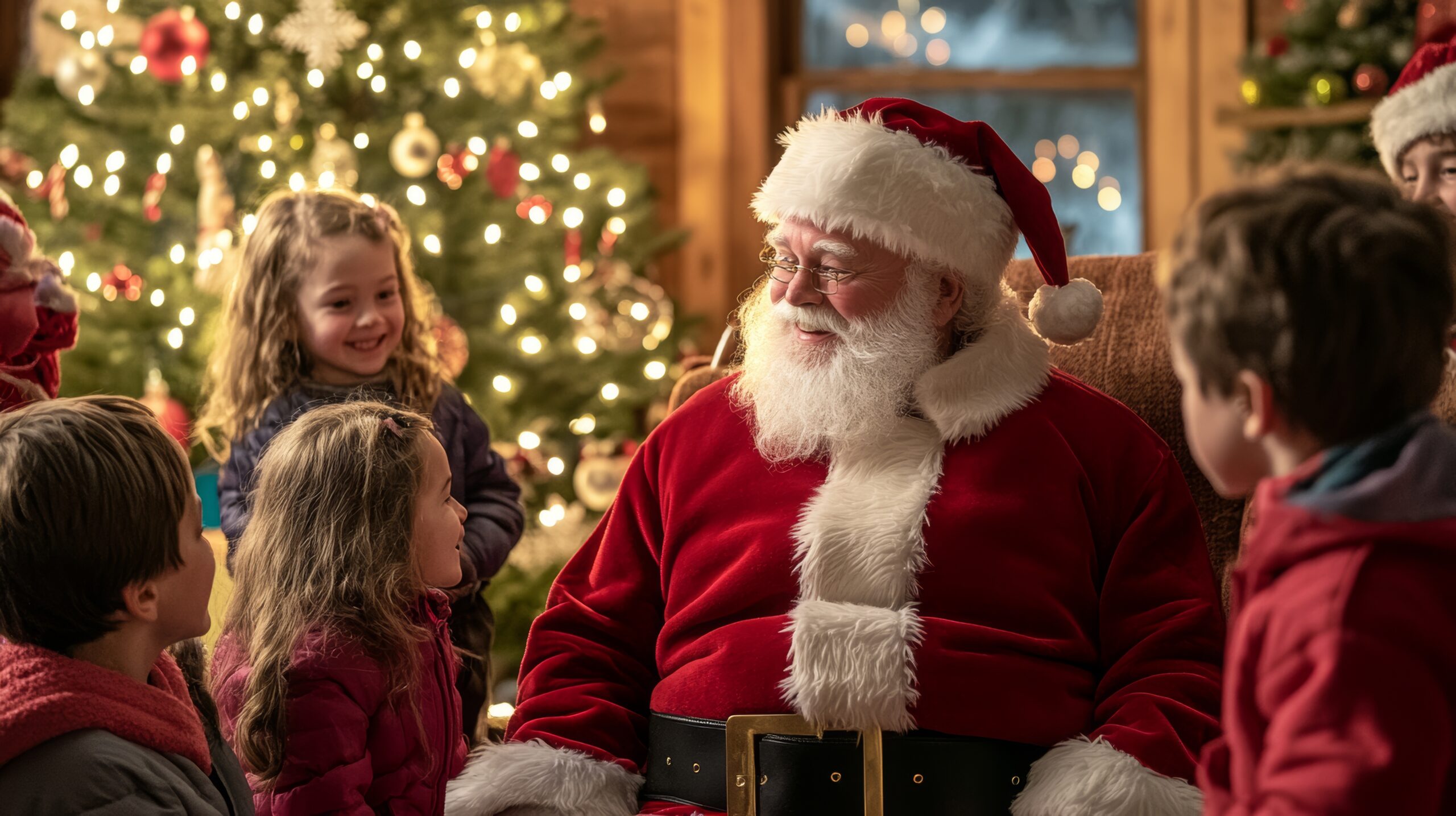 Santa Claus sits in a cozy room by a decorated Christmas tree, surrounded by smiling children in winter clothes, as warm lights twinkle in the background.