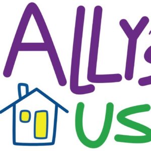 Logo with the words Allys House in colorful, playful font. The H is shaped like a house with windows, and there is a small red balloon near the Y..