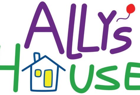 Logo with the words Allys House in colorful, playful font. The H is shaped like a house with windows, and there is a small red balloon near the Y..