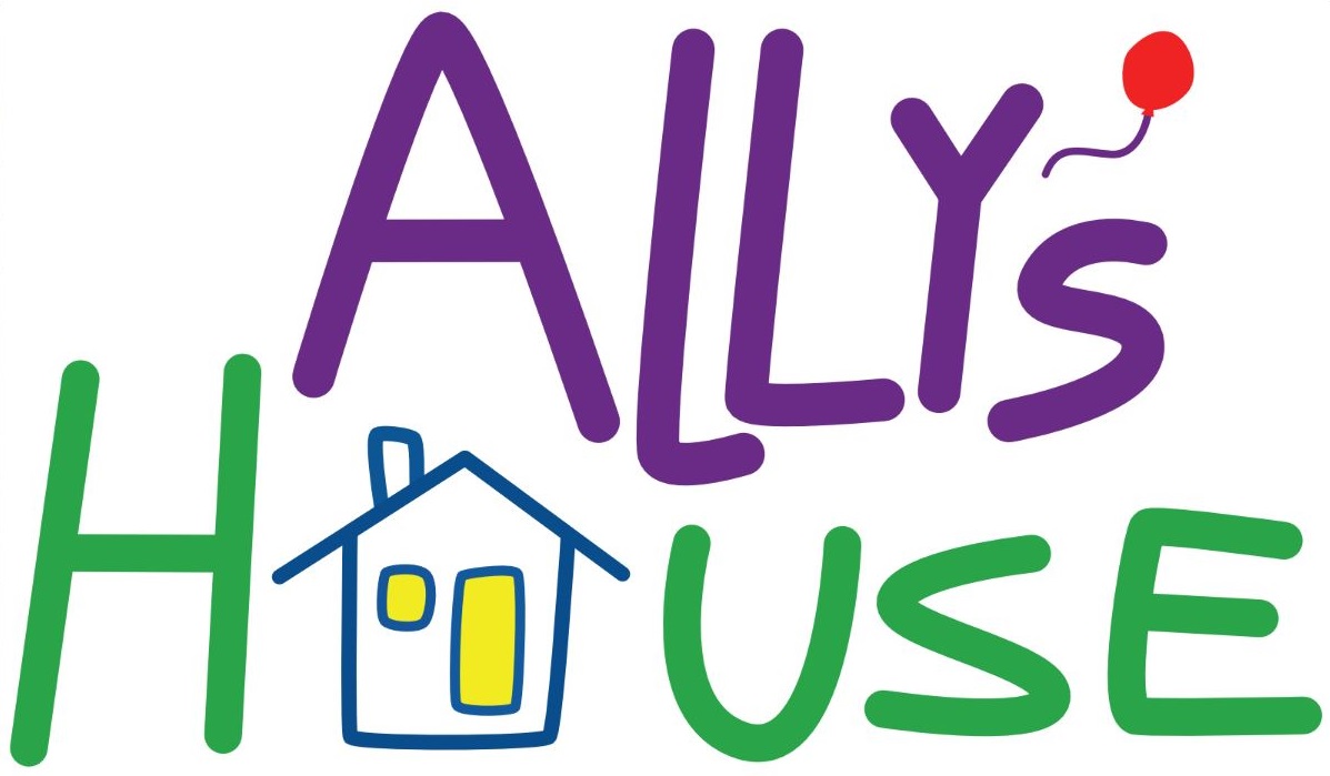 Logo with the words Allys House in colorful, playful font. The H is shaped like a house with windows, and there is a small red balloon near the Y..