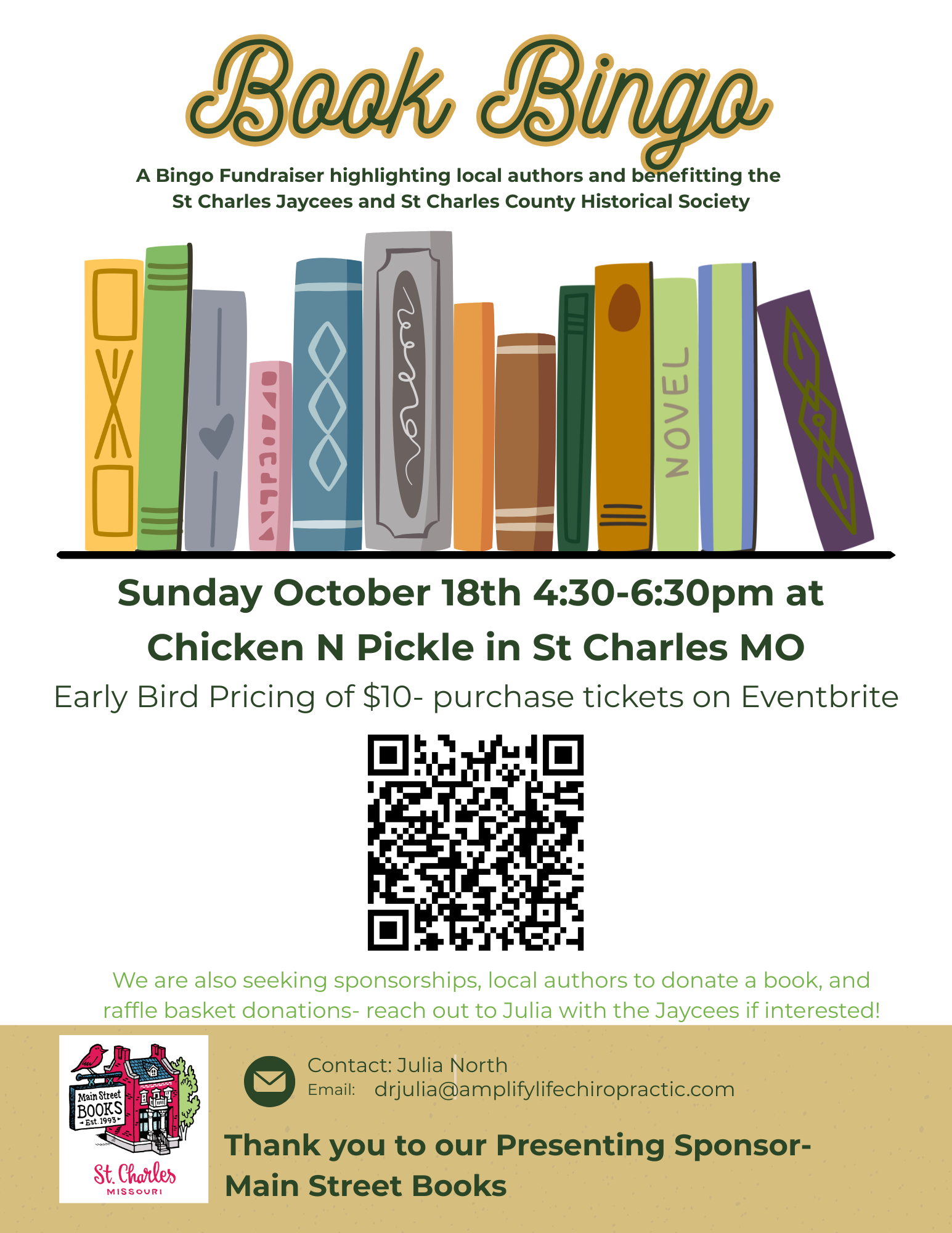 Book Bingo event flyer featuring illustrated books, event details for October 18th at Chicken N Pickle, St. Charles, MO, and sponsor info. Fundraiser for St. Charles Jaycees and Historical Society.